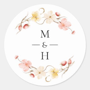 Vildblomma Rosenskära Blommig Monogram Bröllopspre Runt Klistermärke