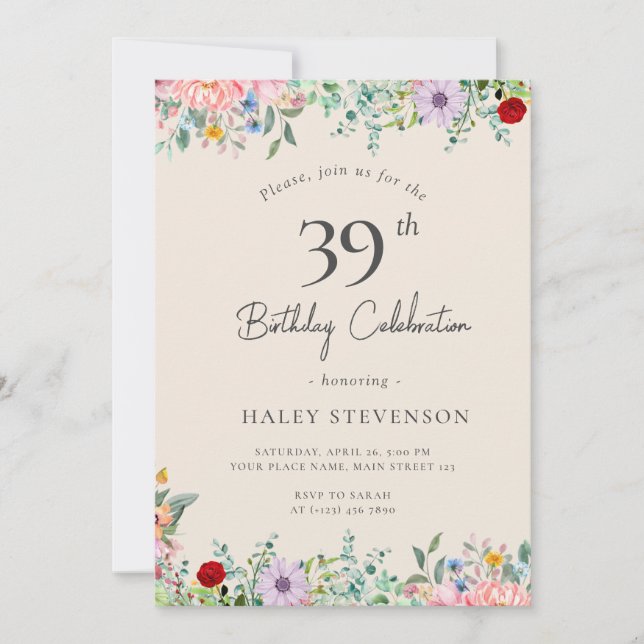 Vildblomma Rustik Boho 39-årsdag Enkel Beige Inbjudningar (Framsida)