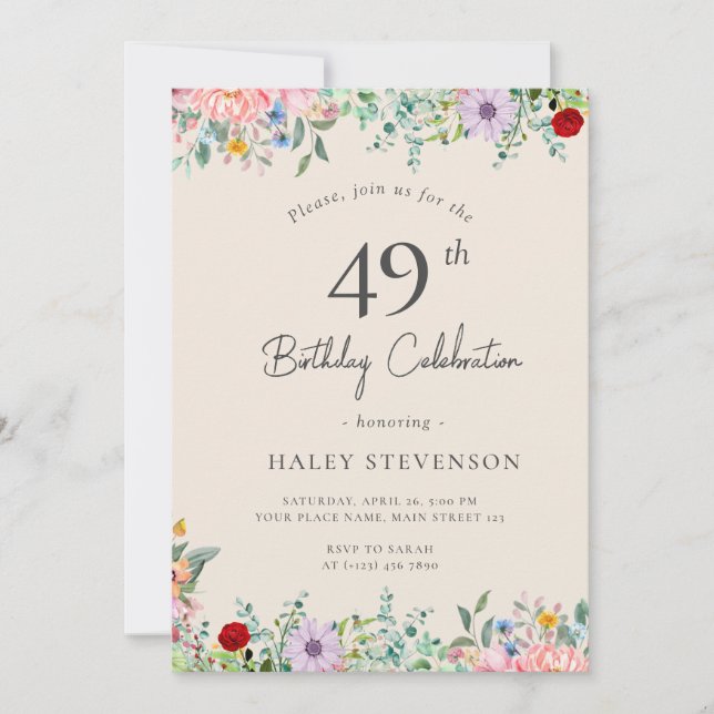 Vildblomma Rustik Boho 49-årsdag Enkel Beige Inbjudningar (Framsida)