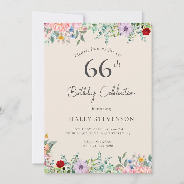 Vildblomma Rustik Boho 66-årsdag Enkel Beige Inbjudningar (Framsida)
