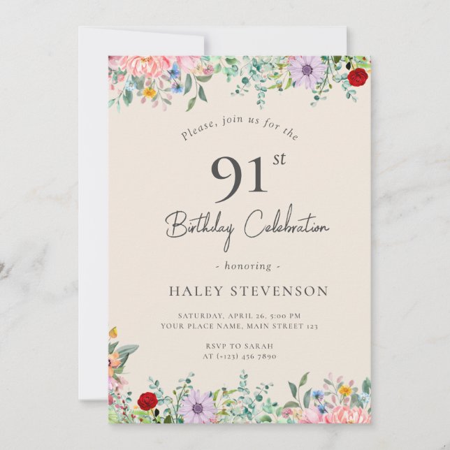 Vildblomma Rustik Boho 91-årsdag Enkel Beige Inbjudningar (Framsida)