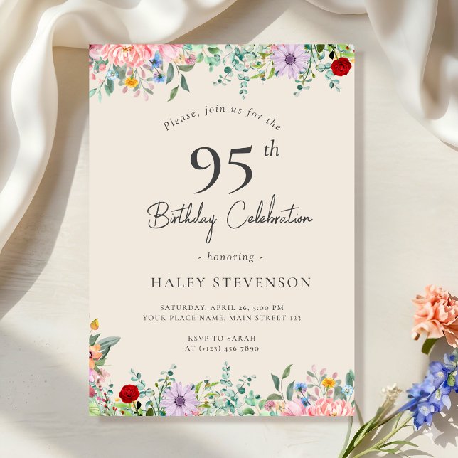 Vildblomma Rustik Boho 95-årsdag Enkel Beige Inbjudningar (Skapare uppladdad)