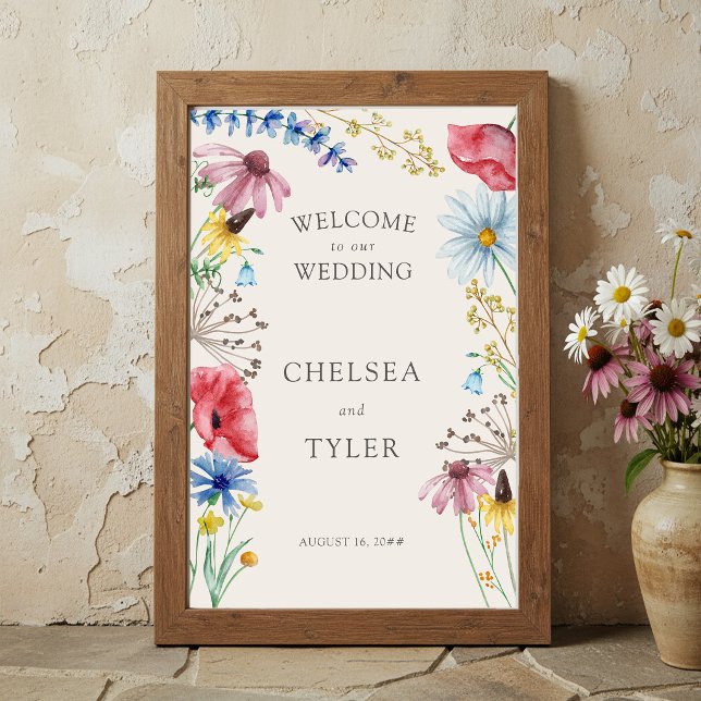 Vildblomma Rustik Landlig Blommig Bröllopshälsning Poster (Wedding Welcome Poster from the Wildflower Charm wedding collection at Darling & May)