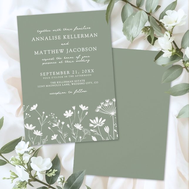 Vildblomma Salvia Grön Bröllop Inbjudningar (Wildflower Sage Green Wedding Invitation)