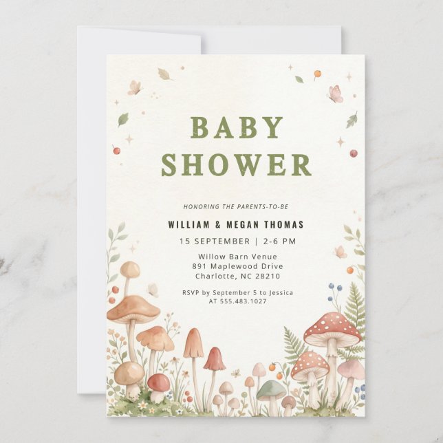 Vildblomma Skogs Svamp Baby Shower Inbjudningar (Framsida)