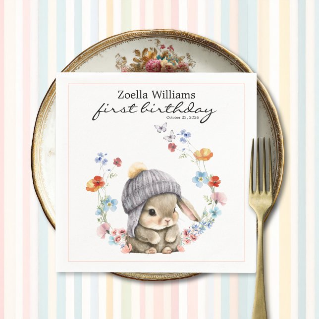 Vildblomma Söt Kanin 1-års Födelsedagsfest Servett (Wildflower Sweet Bunny 1st Birthday Party Napkin 2)