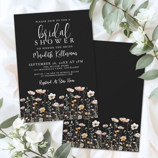 Vildblomma Svart Elegant Bröllopsdusch Inbjudningar (Wildflower Black Elegant Bridal Shower Invitation)