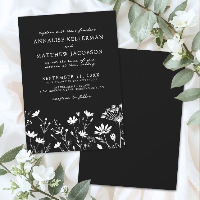 Vildblomma Svart Vit Blommig Bröllop Inbjudningar (Wildflower Black White Floral Wedding Invitation)