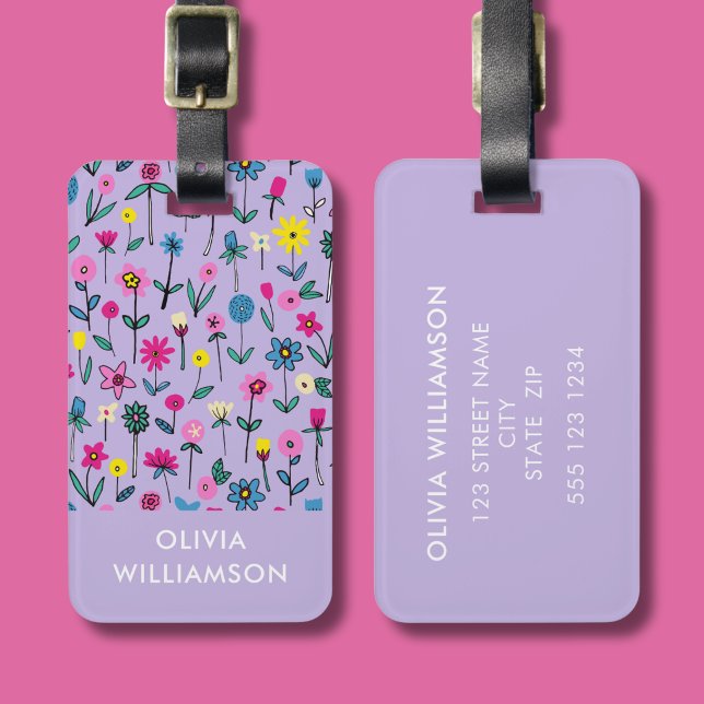 Vildblomma syren blomsteräng bagagebricka (Wildflower lilac floral meadow cottage core personalized luggage tag)
