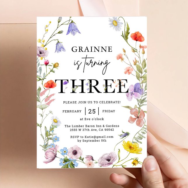 Vildblomma tema flicka 3-års födelsedagsinbjudan inbjudningar (Skapare uppladdad)