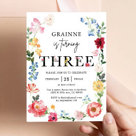 Vildblomma tema flicka 3-års födelsedagsinbjudan inbjudningar