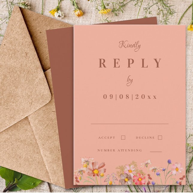 Vildblomma Terrakotta Orange Höst Bröllop Svarskor OSA Kort (Wildflower terracotta orange fall wedding invitation reply enclosure card )