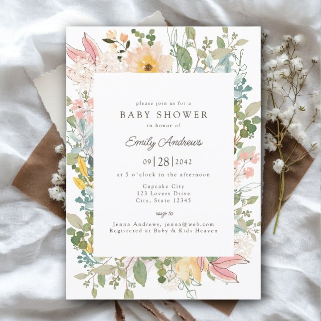 Vildblomma Trädgårds Charm | Babyfirande Inbjudningar (Wildflower Garden Charm | Baby Shower White - Pastel Invitation, Print & Download.)