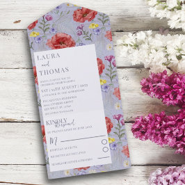 Vildblomma Vallmo Röd & Lila Akvarell Bröllop