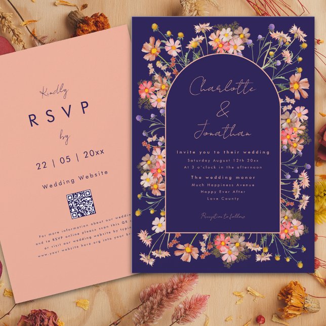 Vildblomma valv marinblå terrakotta höstbröllop inbjudningar (Wildflower arch navy blue terracotta burnt orange peach fall wedding invitation whimsical script )