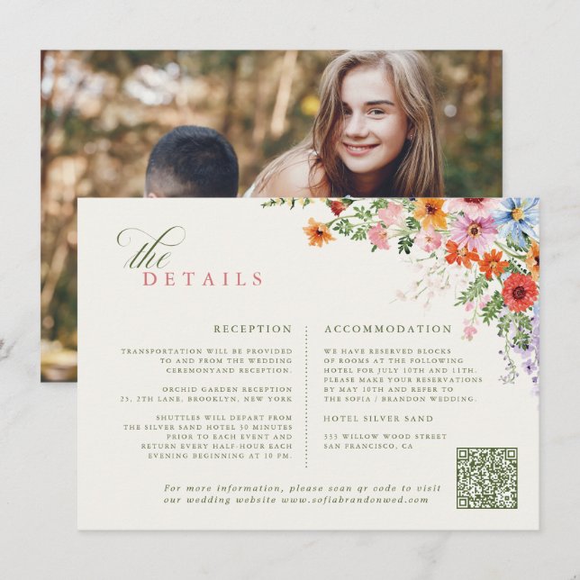 Vildblomma Vår Äng Trädgård QR-kod Bröllop Tilläggskort (Fram/baksida)
