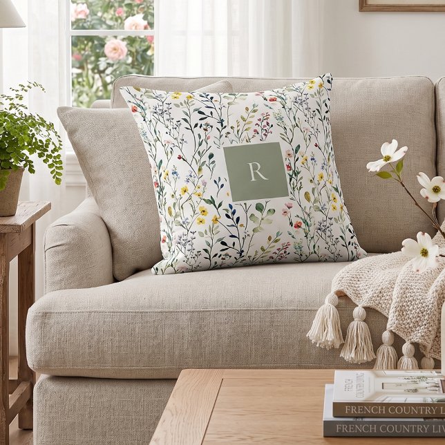 Vildblomma Vattenfärg Botanisk Monogram  Kudde (Skapare uppladdad)