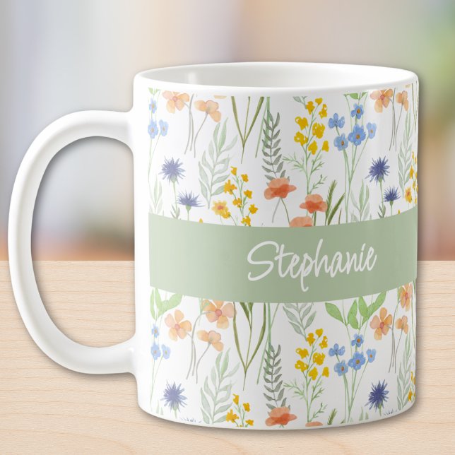 Vildblomma Vattenfärg Monogramnamn Kaffemugg (Skapare uppladdad)