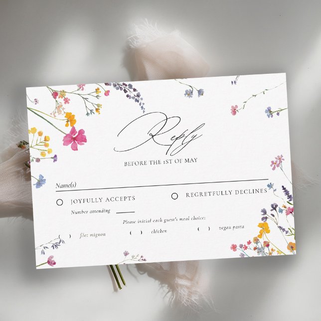 Vildblomma Whimsy Watercolor Elegant Bröllopsmålti OSA Kort (wildflower wedding rsvp meal choice watercolor garden backyard barn summer spring elegant ivory)