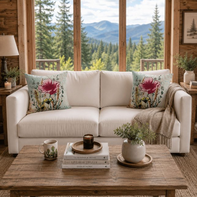 Vildblommabotaniskt kastkuddfodral kudde (White sofa with matching wildflower botanical throw pillows in a bright contemporary cabin.)