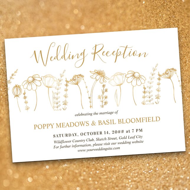 Vildblommabruk för bröllopsfest med guldfärgad blo inbjudningar (Wedding Reception only invitation in White & Gold, from my Wildflower Sketch collection)