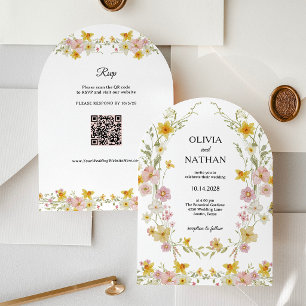 Vildblommabryllop Gul vårträdgård QR-kod Inbjudningar