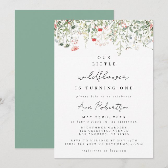 Vildblommans 1-årsdag inbjudningar (Fram/baksida)