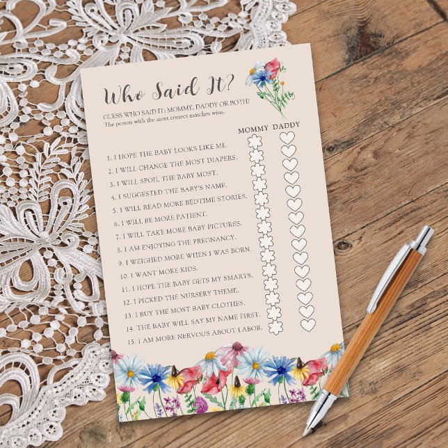 Vildblommans Charm Vem Sa Det Bröllopsspel (Who Said It? Mommy or Daddy Baby Shower game from Wildflower Charm collection by Darling & May)