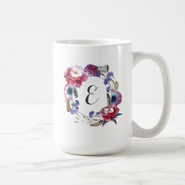 Vildblommapionblommigt med monogramen för fjädrar kaffemugg (Höger)