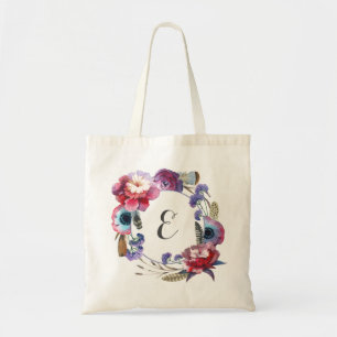 Vildblommapionblommigt med monogramen för fjädrar tygkasse