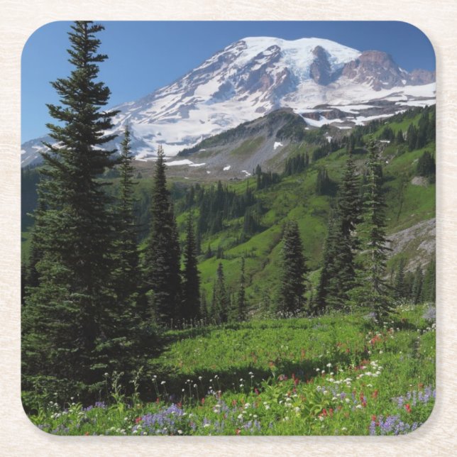 Vildblommar på Mount Rainier Underlägg Papper Kvadrat (Framsidan)