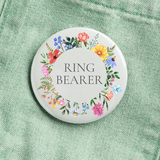 Vildblommaringbärare Bröllop  Knapp (Ring Bearer Wildflower Watercolor Floral Wreath Wedding Button)