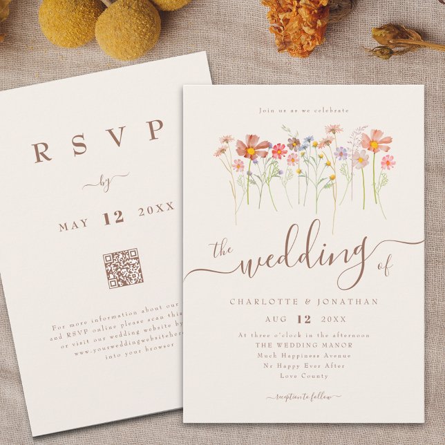 Vildblommeäng Beige Terrakotta QR-kod Inbjudningar (Boho WILDFLOWER MEADOW BOHO FLORAL BEIGE WEDDING QR CODE INVITATION whimsical elegant script )
