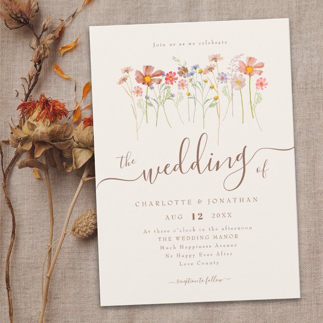 Vildblommeäng Blommig Beige Terrakotta Inbjudningar (Wildflower meadow watercolor floral elegant script wedding  invitation rustic boho fall colors)