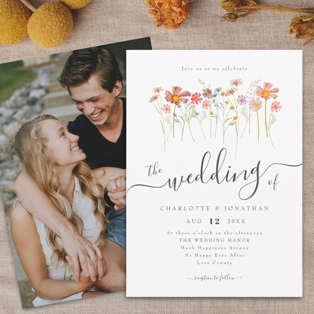 Vildblommeäng Boho Elegant Skript Foto Inbjudningar (Wildflower meadow boho floral photo Wedding invitation elegant script watercolor fall colors)