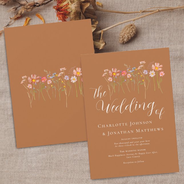 Vildblommeäng Elegant Skrift Brun Socker Höst Inbjudningar (Wildflower meadow boho floral brown sugar beige fall Wedding invitation Elegant script watercolor)