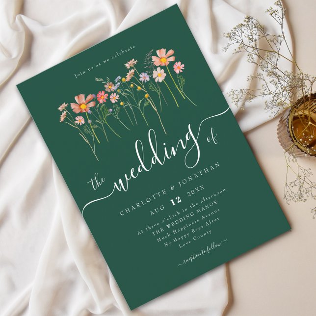 Vildblommeäng Elegant Skrift Grön Inbjudningar (Wildflower meadow boho floral green fall Wedding Watercolor flowers fall colors elegant script)
