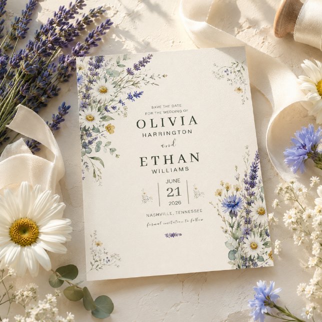 Vildblommeäng Spara datum Inbjudningar (Elegant Save the Date styled with fresh wildflowers and soft natural light.)