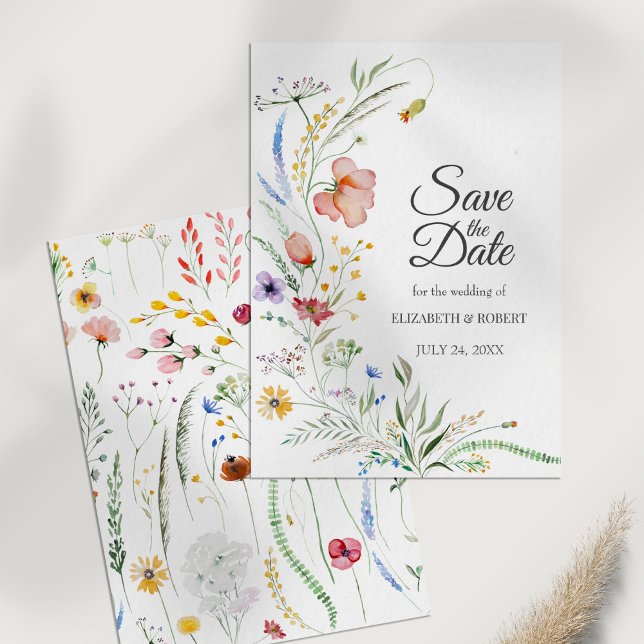 Vildblommeäng Spara datum-kort Inbjudningar (Bohemian Watercolor Wildflowers Save The Date Card on a white table.)