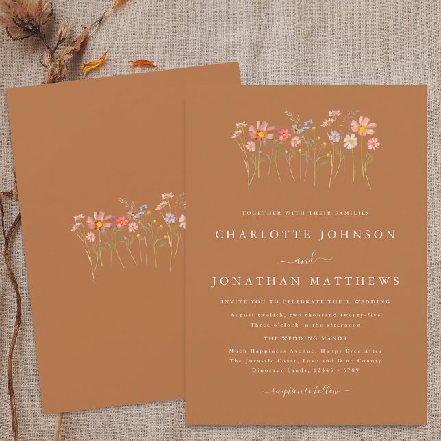 Vildblommeäng Terrakotta Orange Rost Bröllop Inbjudningar (Boho fall Wildflower floral brown sugar terracotta orange Wedding invitation Watercolor flowers)