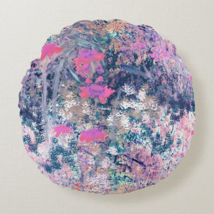 Vildblommefält Impressionism -Rosa Rund Kudde
