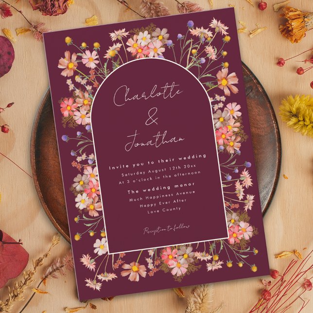 Vildblommevalv Burgunder Bränd Orange Höstbröllop Inbjudningar (Elegant wildflower arch burgundy burnt orange fall wedding invitation )