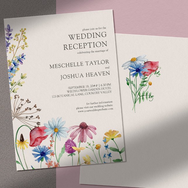 Vildblommig Bröllopsmottagning Endast Lantlig Blom Inbjudningar (Reception only wedding invitation with natural border of watercolor wildflowers)