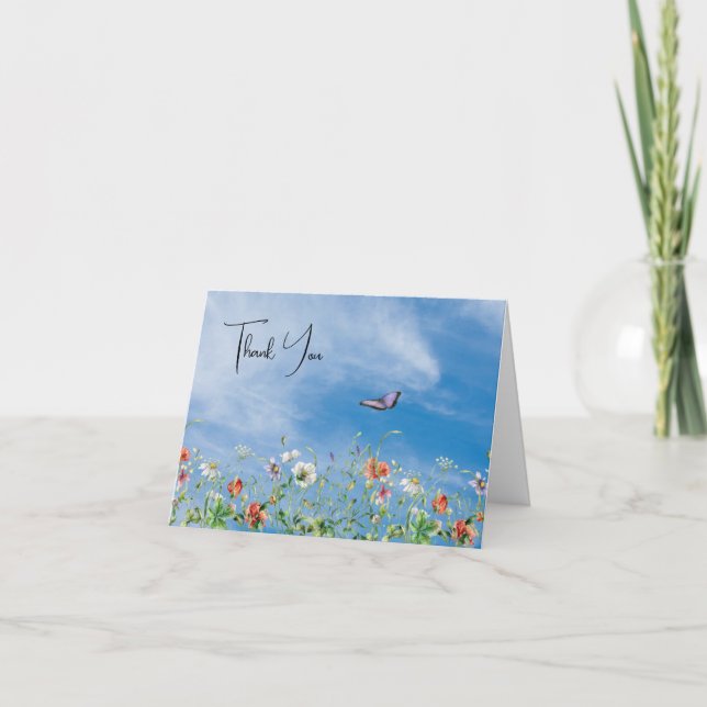 Vildblommig kant och fjäril tack kort (Framsida)