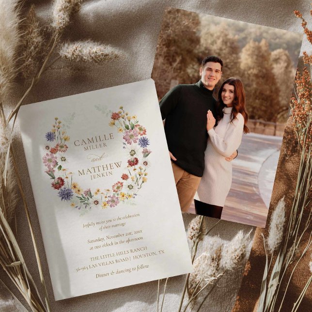 Vildblommig Trädgård Bröllopsfotografi Inbjudan (Wildflower Fall Wedding Invitation)