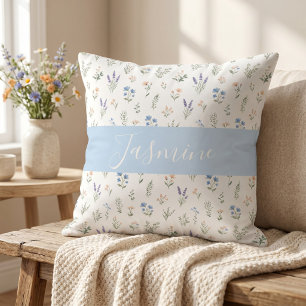 Vildblommönster Anpassad monogramnamn Blå Kudde