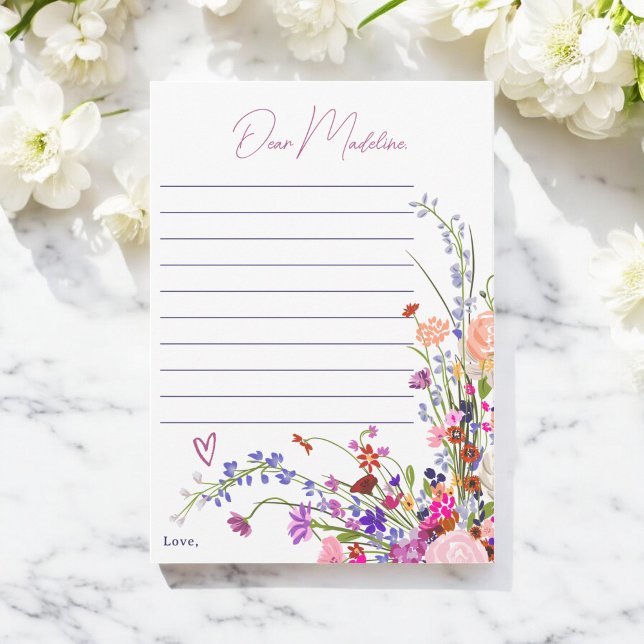 Vildblommor 1:a födelsedagelaget Brev Inbjudningar (Wildflowers 1st birthday time capsule Letter Invitation)