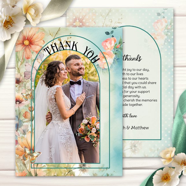 Vildblommor Akvarell Bröllopsfoto Tack Kort (Wedding Thank You card featuring your photo framed by a boho chic design with watercolor wildflowers)