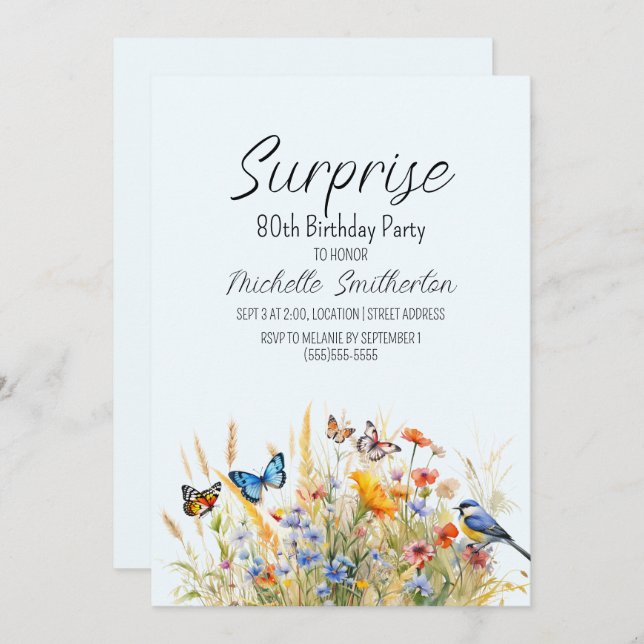 Vildblommor Butterflies Birds Surprise 80:e Inbjudningar (Fram/baksida)