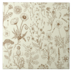 Vildblommor collage/ beige och sepia kakelplatta
